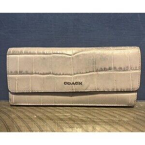 Vintage COACH Leather Wallet Grey Silver Crocodile gator Embossed Long zip